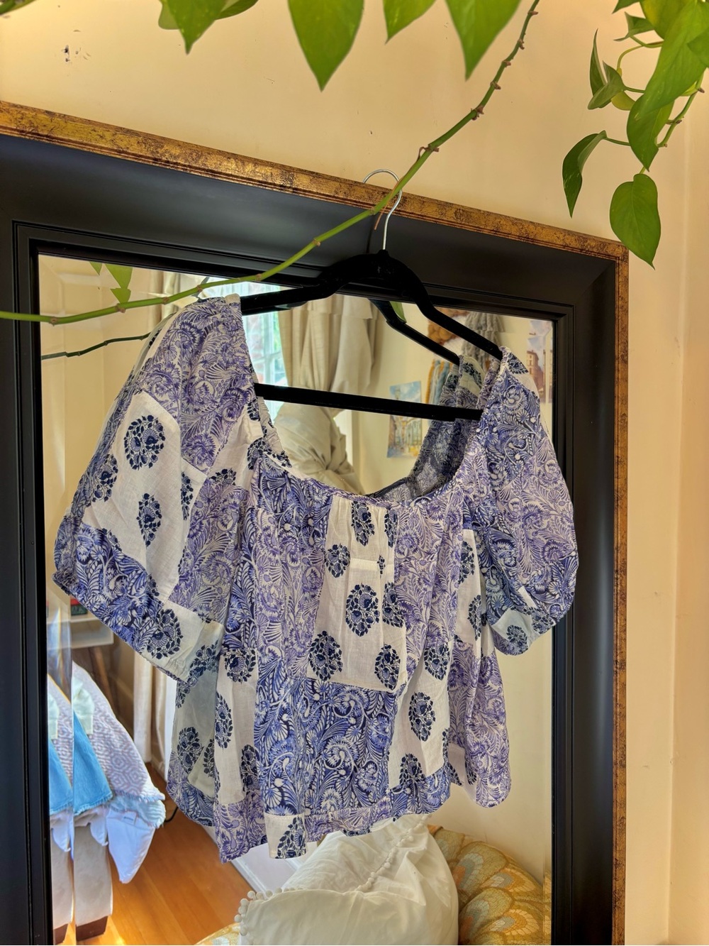 JCrew Blue & White Puff Sleeve Top